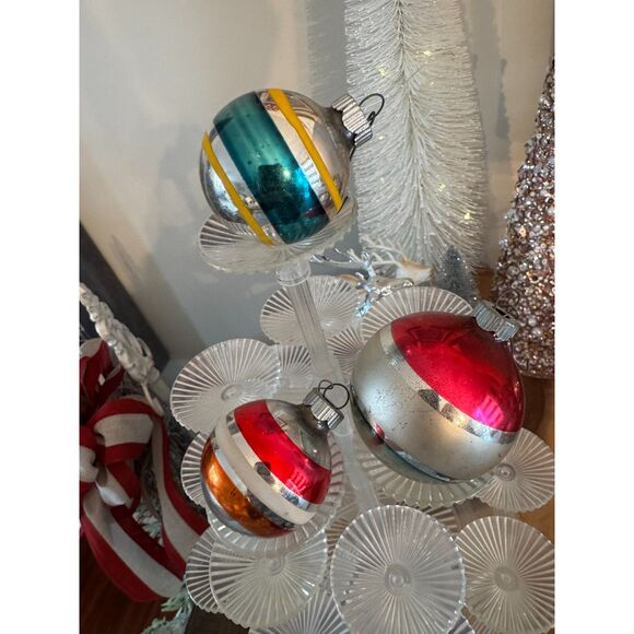 Shiny Bright Other - 3 striped vintage Christmas ornaments, glass Christmas balls